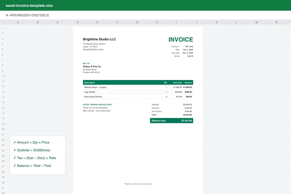 Excel spreadsheet invoice template example showing line items, subtotal, sales tax and balance due formulas