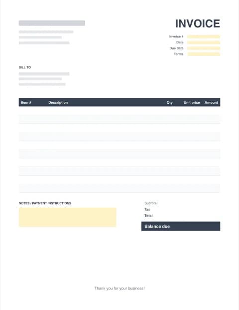 Sales Invoice Template: blank Excel invoice template preview with item number, qty and unit price columns